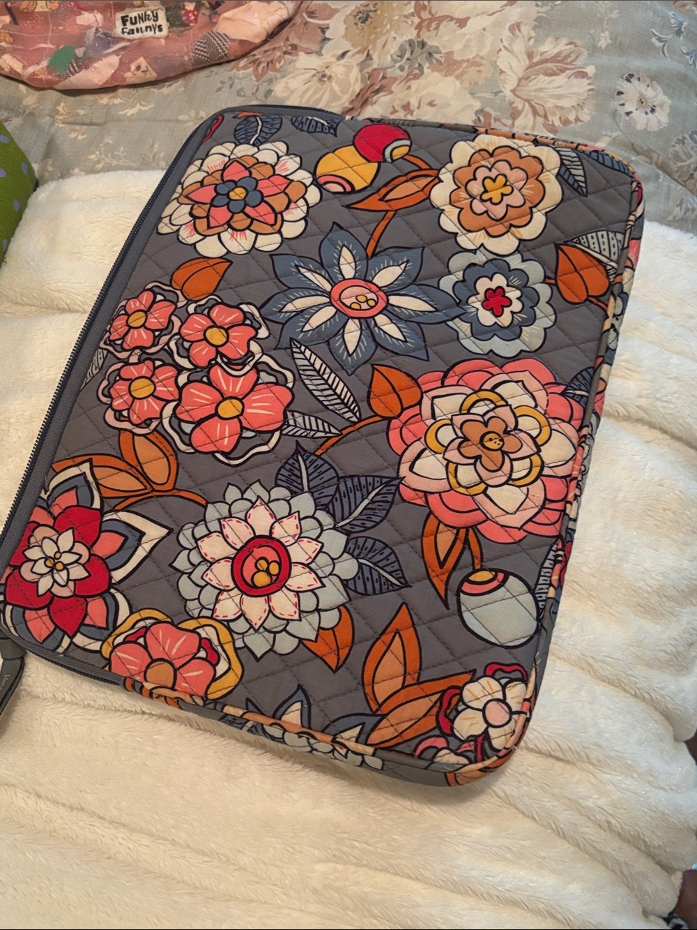 Vera Bradley Light Blue Quilted Tablet Sleeve with Gray Zipper Trim